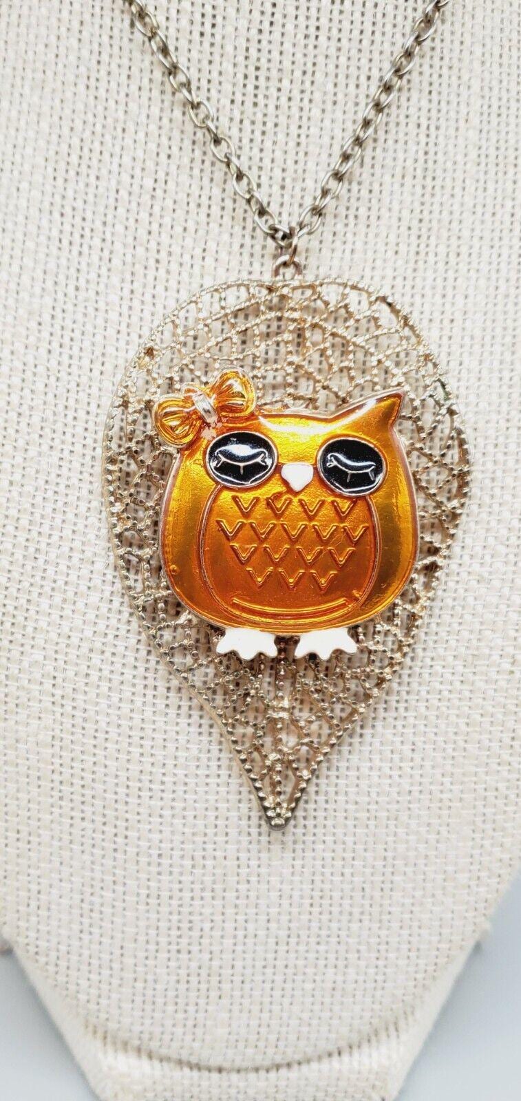 Vintage 3" Owl Lover Spirit Animal Orange enamel pendant 24" Necklace