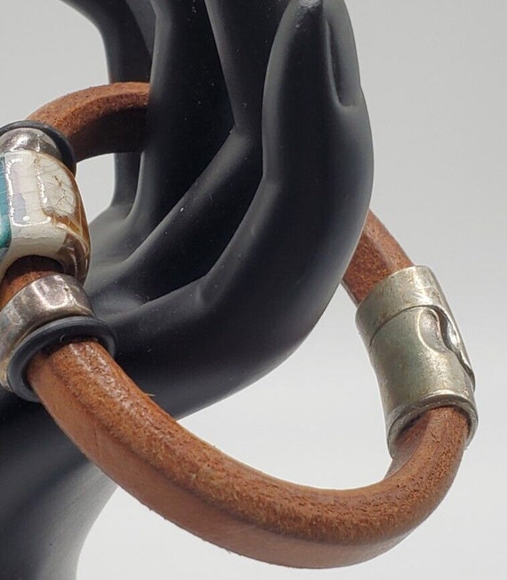 Camel Colored Leather bracelet with Teal Ceramic … - image 3