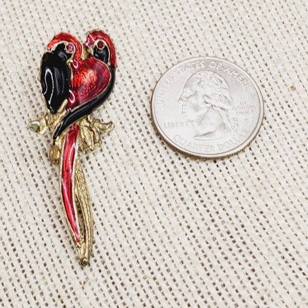 Vintage Gold Tone Black and Red Enamel 2" Love Birds Brooch