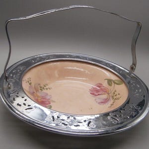 Vintage Taylor Smith Taylor ljusrosa blommig skål med metallkant godisskål 17 cm