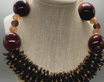 Vtg Chunky Handmade Burgandy Brown and Gold Glass Bead Statement Necklace 18.5"