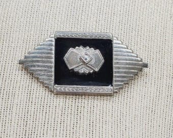 vintage Art Deco Style  Silver tone Enamel brooch 2.62" x 1.42"