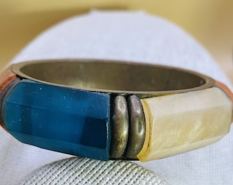 Vintage Blue, Yellow and Pink Lucite and Brass Bangle Bracelet .82" x 9.25"