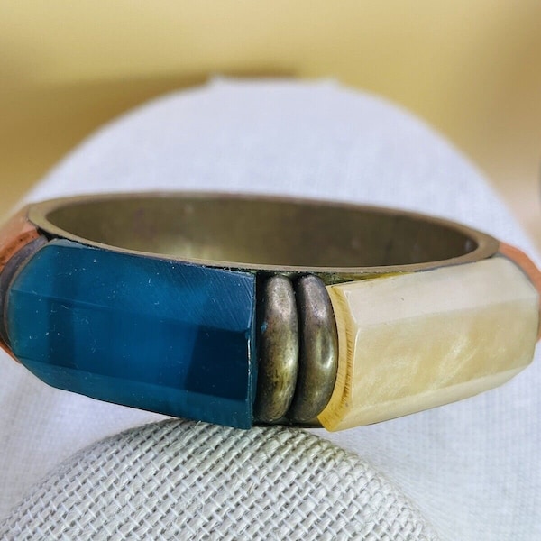 Vintage Blue, Yellow and Pink Lucite and Brass Bangle Bracelet .82" x 9.25"