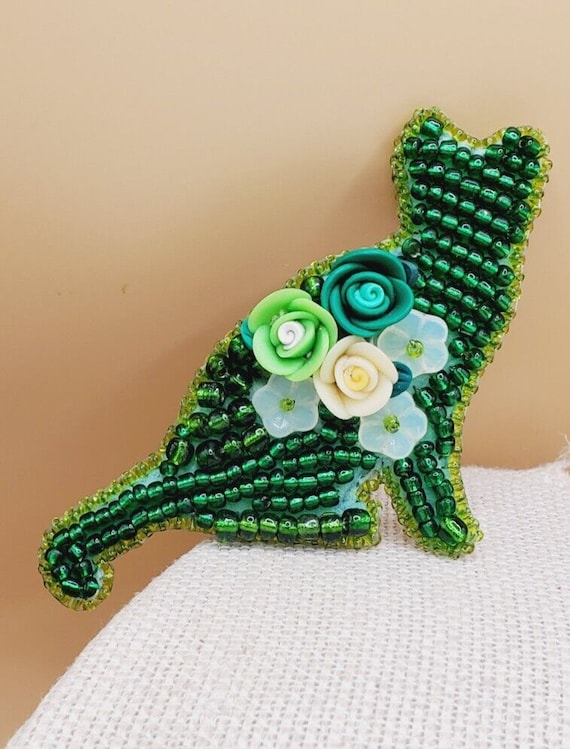 3 inch Handmade Cat Seed bead embroidery brooch - image 2