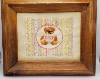 Vtg Framed needle point Teddy Bear in Pink Dress  8" x 6.75"  (10" x 8.75")