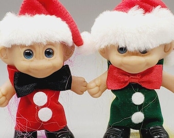 2 muñecos troll de Papá Noel rusos antiguos, adorno para árbol de Navidad, cabello rosa y amarillo, 3"