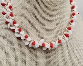Vintage 14 inch Red and White Plastic Silver Tone Necklace Choker Germany