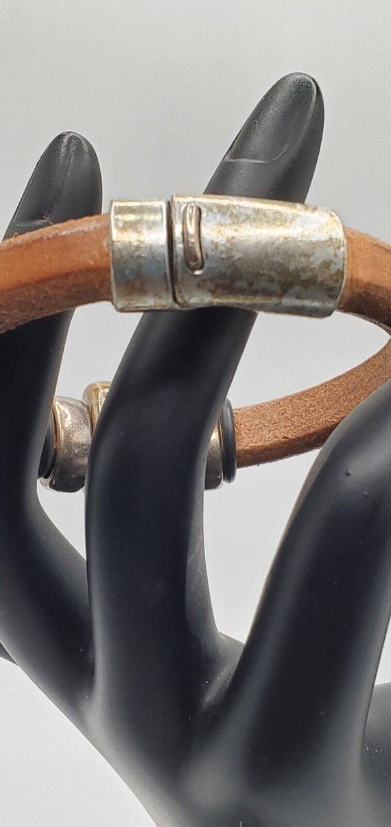 Camel Colored Leather bracelet with Teal Ceramic … - image 6