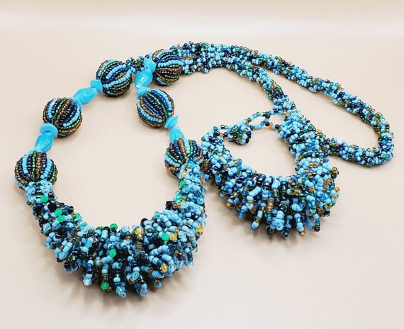 Multi Strand Blues and Brown Colored Glass Seed B… - image 1