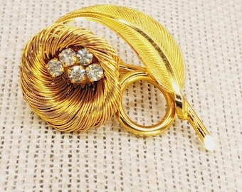 Vintage Spiral Gold Tone 1" Floral Leaf Rhinestone Brooch Pin