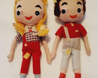 Vintage Stoffpuppen - Braune Haare Junge und Blonde Haare Mädchen 13 "Schwarze Augen