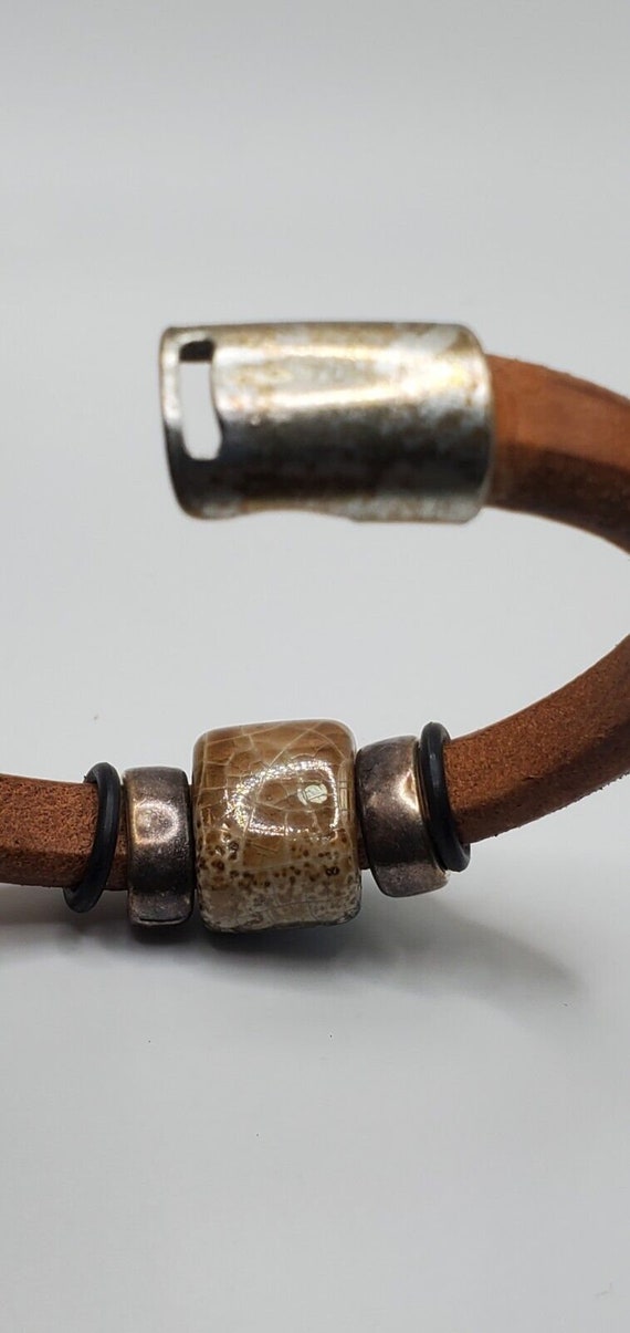 Camel Colored Leather bracelet with Teal Ceramic … - image 9