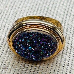 OT Purple Druzy Ring Size 10.25 Vtg gold tone 925 sterling silver women Turkey