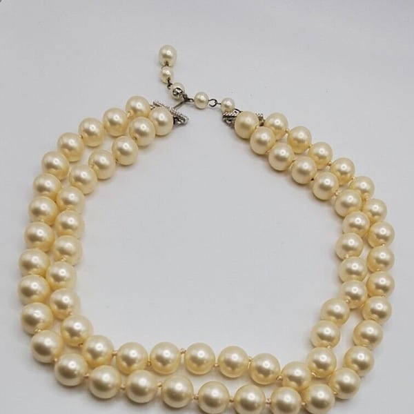 VTG Marvella Signed Off White Faux Pearl 2 Strand Choker Necklace Hook Clasp 15"
