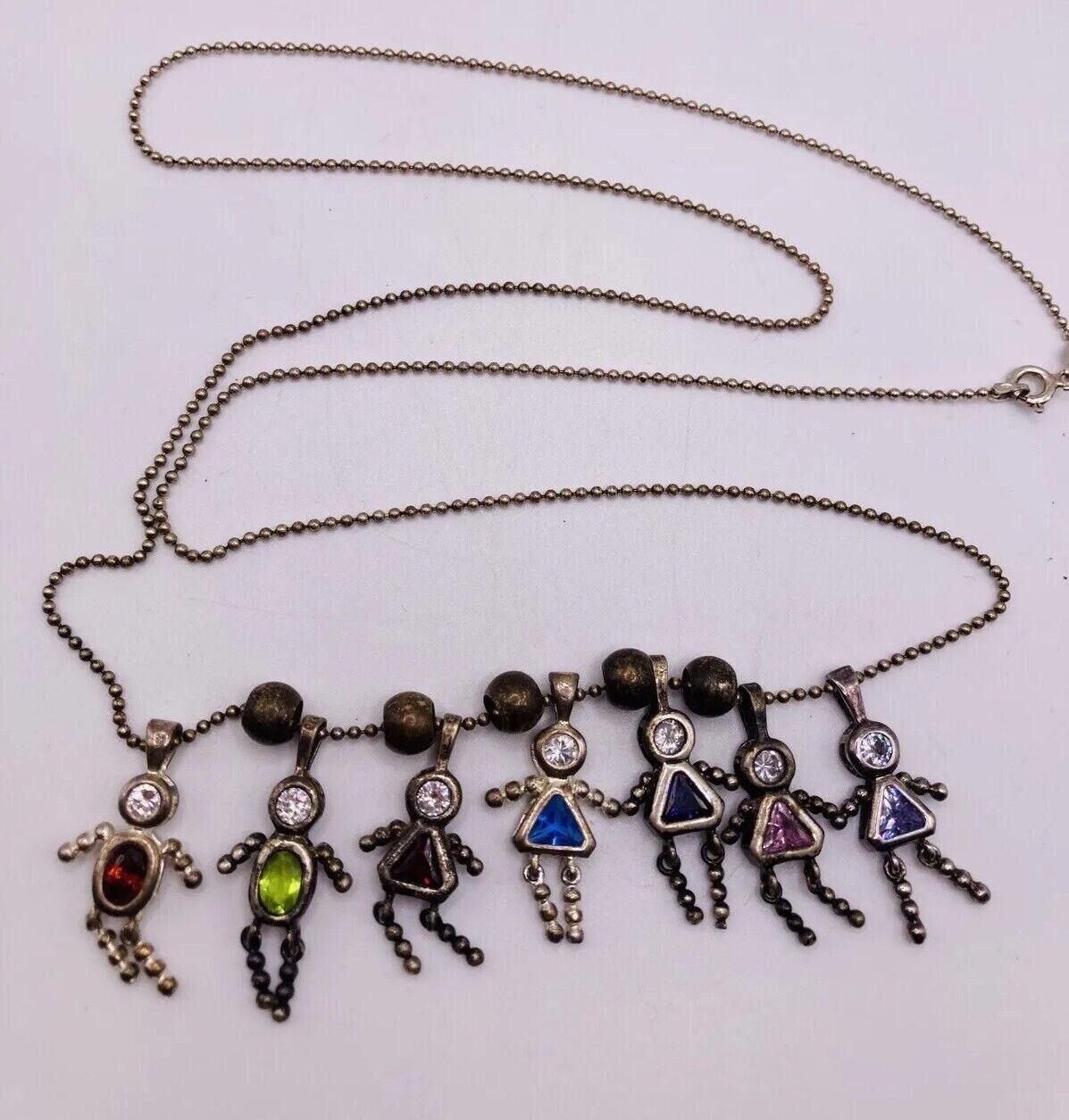Vtg Birthstone Necklace W/7 Children Charm and 30” Chain All