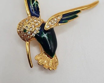 Vintage Roman Hummingbird Blue Green Enamel Rhineston Bird Brooch Pin 1.75" x 2"