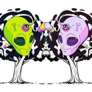 May include: A digital illustration featuring two alien heads, one green and one lavender, each with a large eye and pill-shaped objects. The aliens are set against a backdrop of stylized trees with black and white foliage.