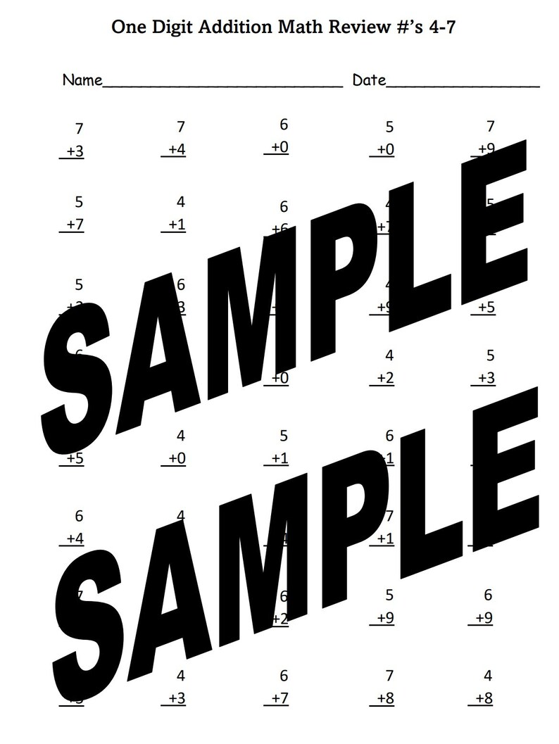 4 Page Math Review Test Single Digit Addition 0-9 With Answer Key and ...