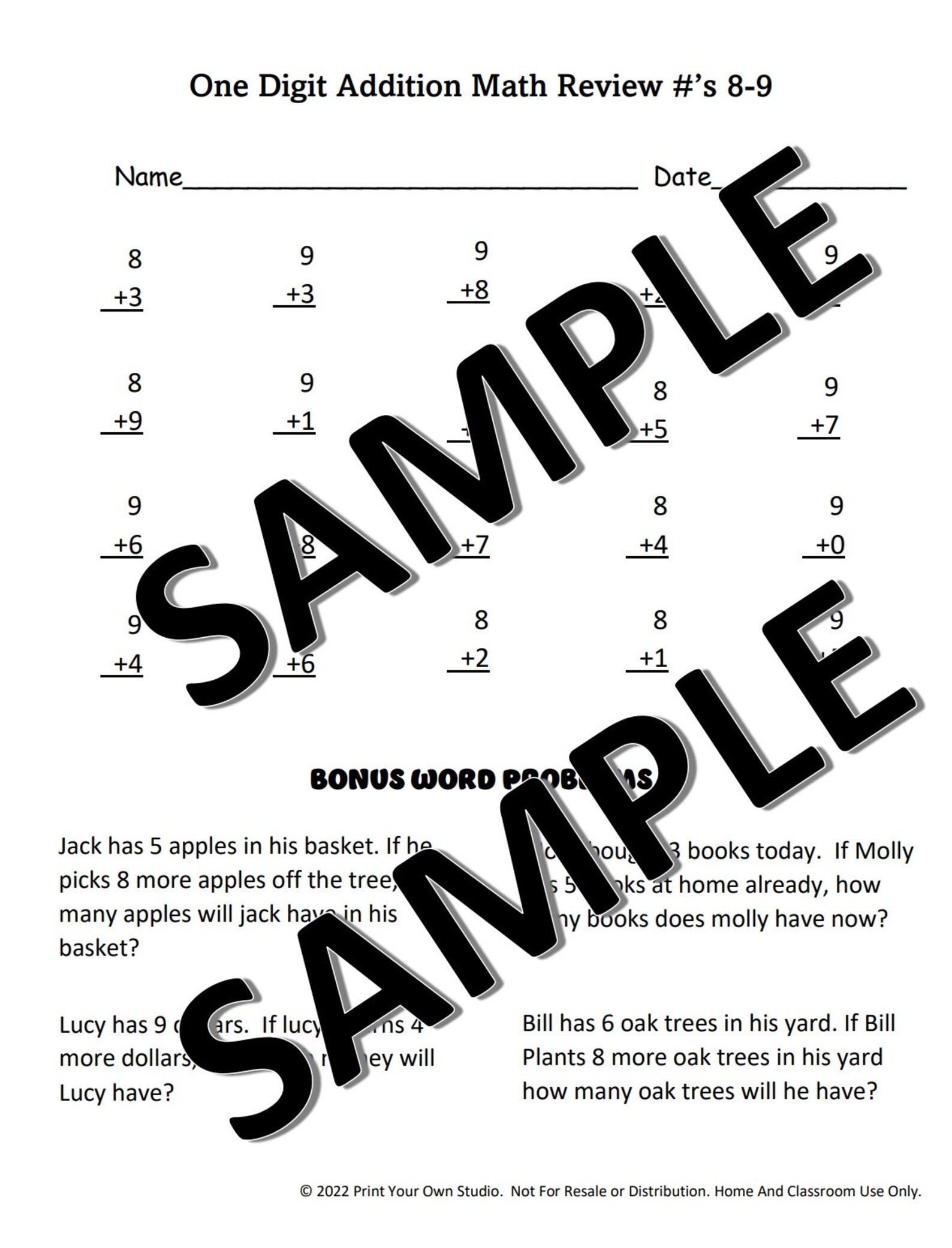 Math Bonus Questions 4 Page Math Review Test Single Digit Addition 0-9 With Answer Key and ...