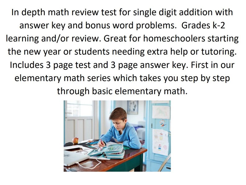 4 Page Math Review Test Single Digit Addition 0-9 With Answer Key and ...