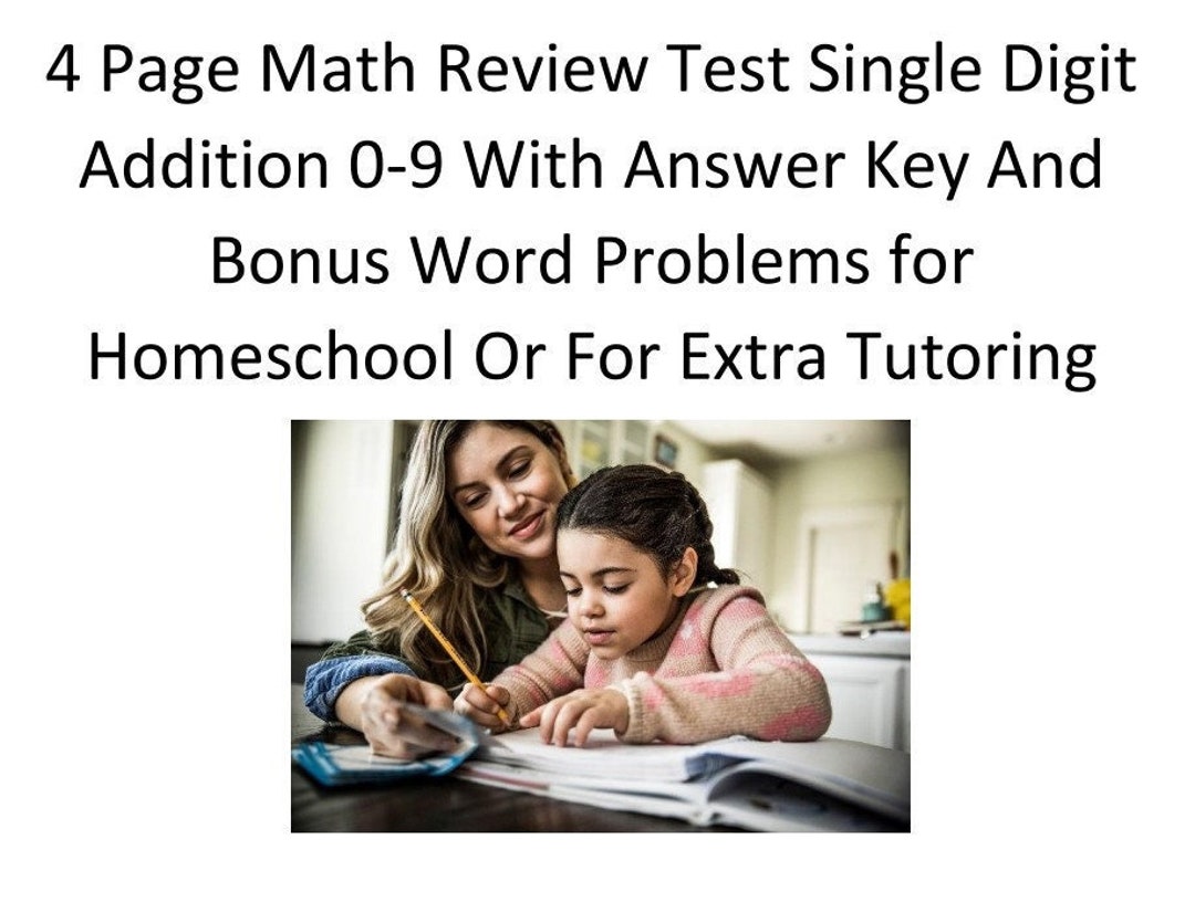 Math Bonus Questions 4 Page Math Review Test Single Digit Addition 0-9 With Answer Key and ...