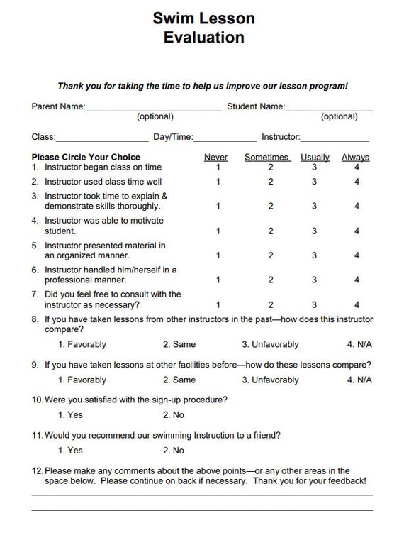 Aquatics Facility Swim Lesson Evaluation Etsy