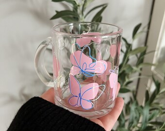 Pink holographic butterfly glass mug handmade