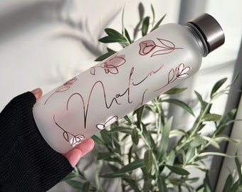 Personalized floral pastel pink metallic frosted water bottle handmade