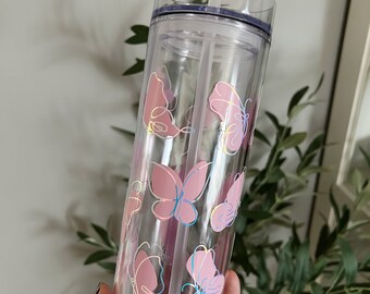 Roze holografische vlinderbeker met handgemaakt rietje