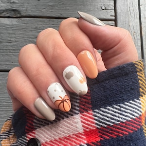 Orange Pumpkin Nails, Fall Nails, Cute Fall Press On Nails, Gray White, Pumpkin Nails