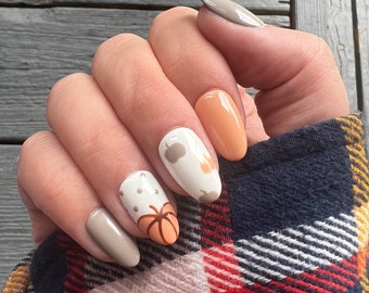 Orange Pumpkin Nails, Fall Nails, Cute Fall Press On Nails, Gray White, Pumpkin Nails