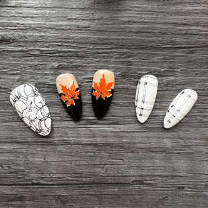 Fall Press On Nails: White Plaid, Leaves & Pumpkin Designs