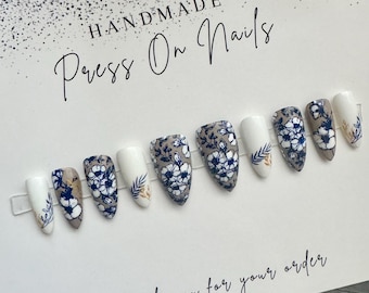 Blue & White Floral Chinoiserie Design | Stylish English Garden Nails | Hand Painted Press-On Nails