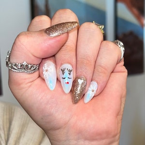 Hand-Painted Snowflake Reindeer Press On Nails: Winter Iridescent Nail Set