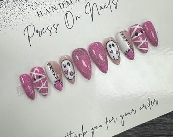 Halloween Press On Nails Set - Pink Reflective Glitter with Mummy & Ghost Accents | Apres Tips