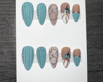 Fall Press On Nails: Blue Sweater, Leaves, Pumpkin Design