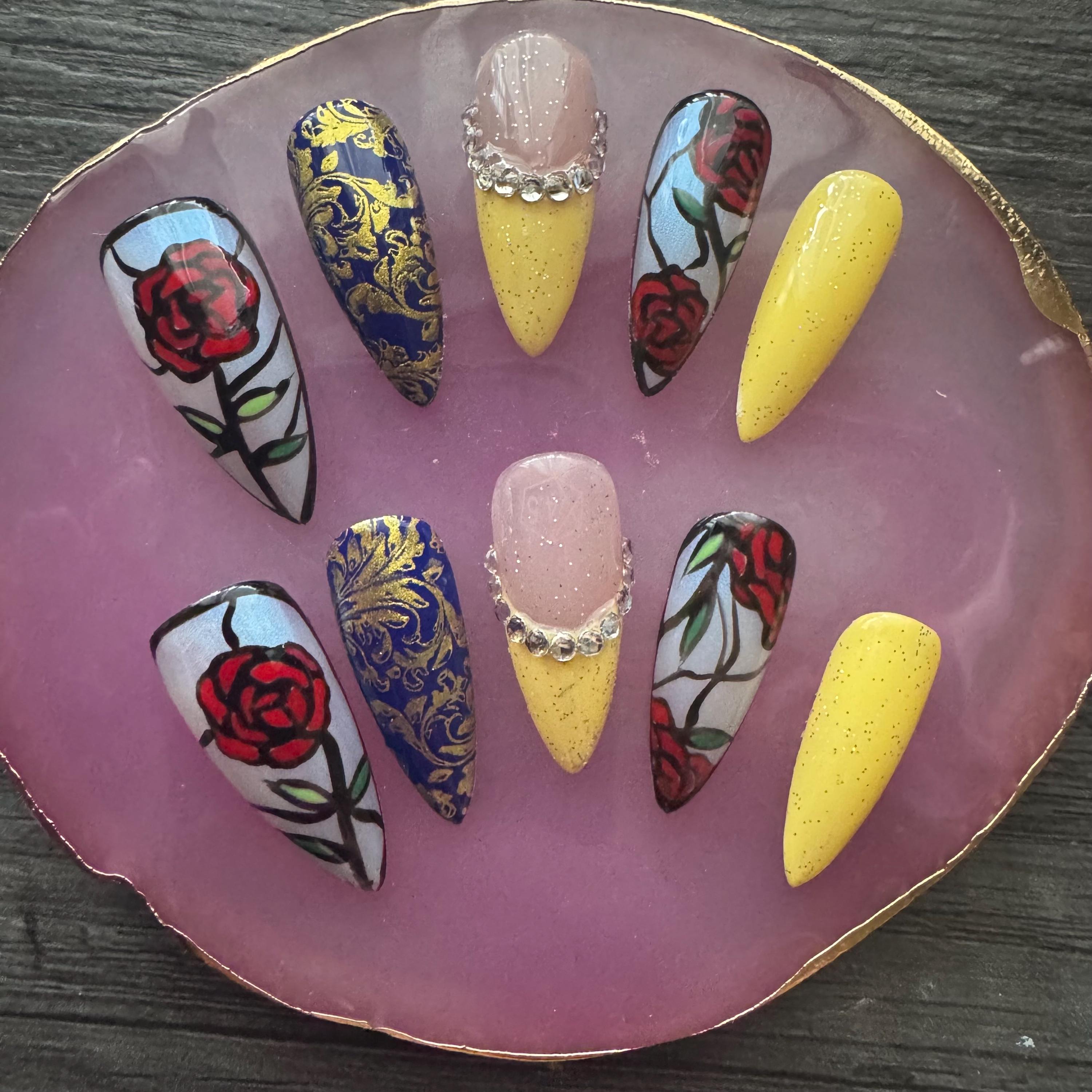 Beauty and the Beast Press on Nails: Stained Glass Rose, Glitter
