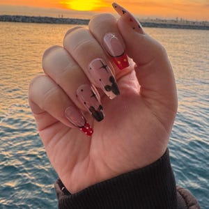 Disney-Inspired Press On Nails | Handmade Mickey Minnie Nail Set | Red Polka Dot Character Silhouette Nails