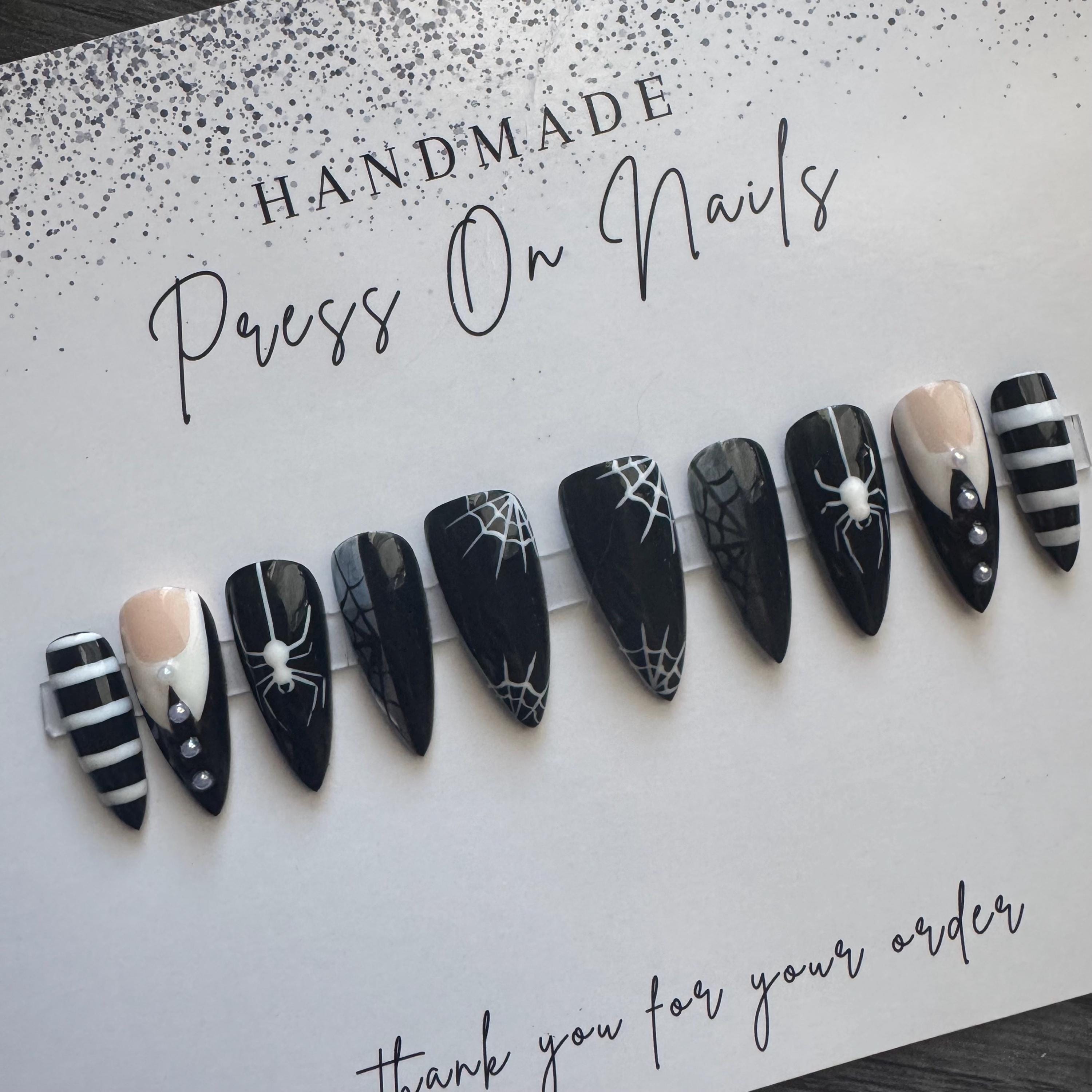 Wednesday Addams Inspired Halloween Press-On Nails | Hand-Painted Gel Nails | Spooky Season Nail Art