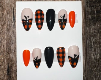 Fall Press On Nails, Pumpkin, Fall Nails, Cute Fall Press On Nails, Plaid Nails, Plaid Pumpkin Nails, Orange and Black Gel Nails