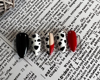 Cruella Press On Nails | Black and Red with Dolmation Print | Red French Tip