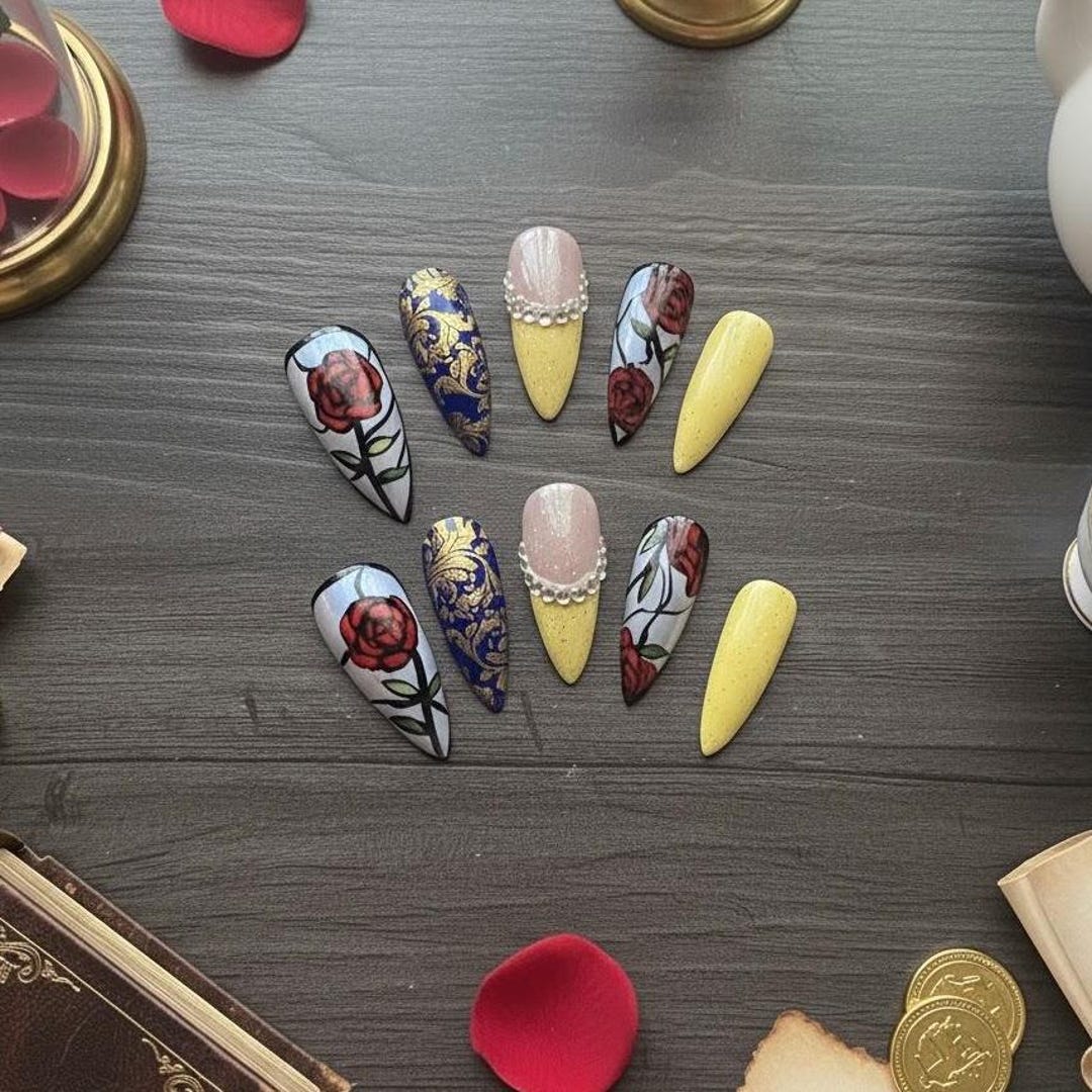 Beauty and the Beast Press on Nails: Stained Glass Rose, Glitter