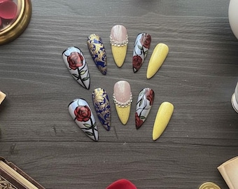 Beauty and the Beast Press On Nails: Stained Glass Rose, Glitter, Gems