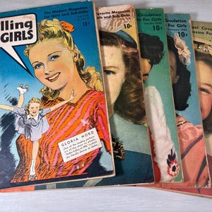 May include: A collection of five vintage Calling All Girls magazines from 1942 and 1943. Each cover features a colorful illustration of a young person, with the first issue highlighting Gloria Nord on roller skates and listing various magazine sections.