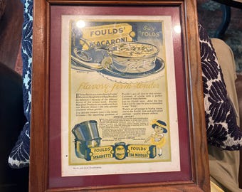 Anuncio antiguo de macarrones, espaguetis y fideos de huevo Fould's, 1926, enmarcado.