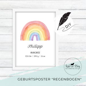 Geburtsposter Regenbogen Personalisiert | Mädchen Junge | Babygeschenk Geburt Taufe | Canva Vorlage | Download Print Datei Selber Drucken