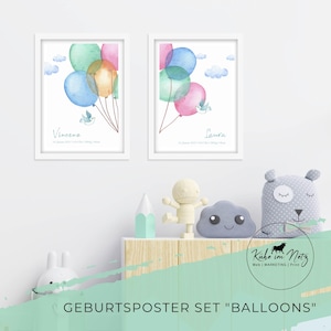Geburtsposter "Balloons" | Personalisiertes Baby Geschenk Zwillinge | Kinderzimmer Print | Deko Girl & Boy | Geschenkidee Taufe Geburt