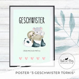 Poster "3cGeschwister" | Personalisiertes Baby Geschenk | Kinderzimmer Print | Deko Boy & Girl | Geschenkidee Taufe Geburt | Drillinge