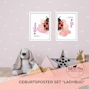 Geburtsposter "Ladybug" | Personalisiertes Baby Geschenk Mädchen | Kinderzimmer Print | Deko Girl | Geschenkidee Taufe Geburt Rosa